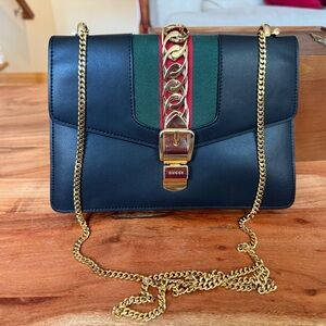 Gucci Sylvie Mini Chain Bag – Black Leather with Web Stripe & Gold Chain Accent